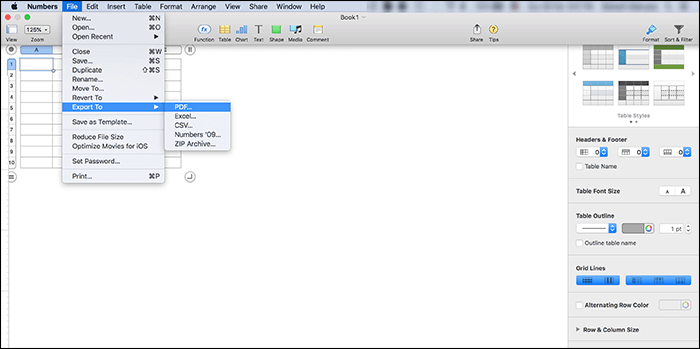 Excel-Dateien zu PDF-Dateien konvertieren - Apple Numbers