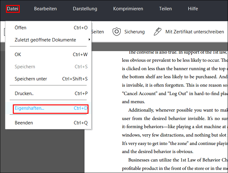 PDF-Datei Eigenschaften öffnen