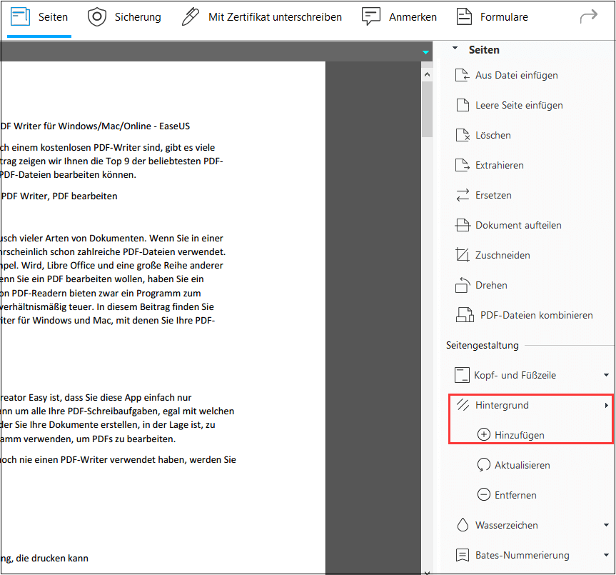 Bei Seitengestaltung wählen Sie Hintergrund aus.