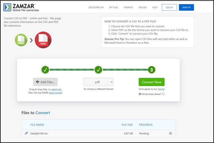 Online-Konverter zum Konvertieren von CSV in PDF - Zamzar