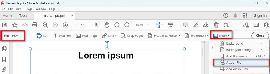 acrobat adobe click edit pdf add video as attachments