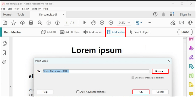 adobe acrobat click add video click browse add video path