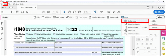adobe acrobat select edit click background choose remove