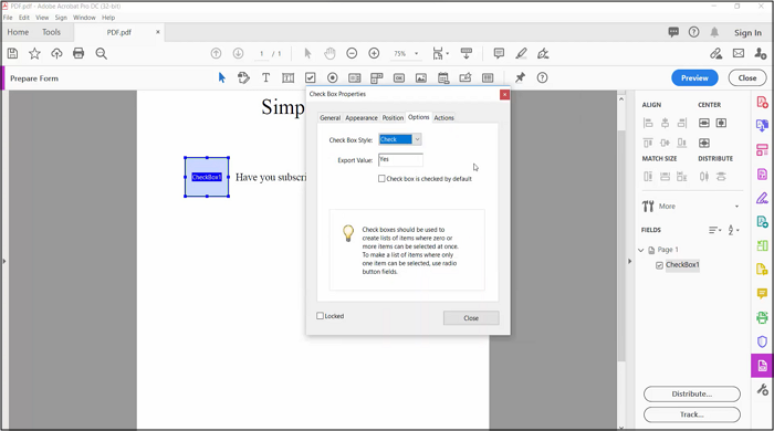 How to add a cross symbol check box in pdf (Prepare Form) using Adobe  Acrobat Pro DC 