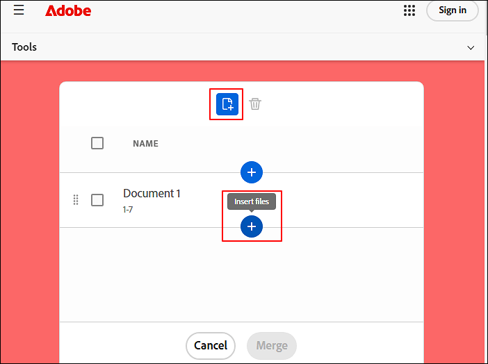 click insert files icon two times to add more pdf click merge