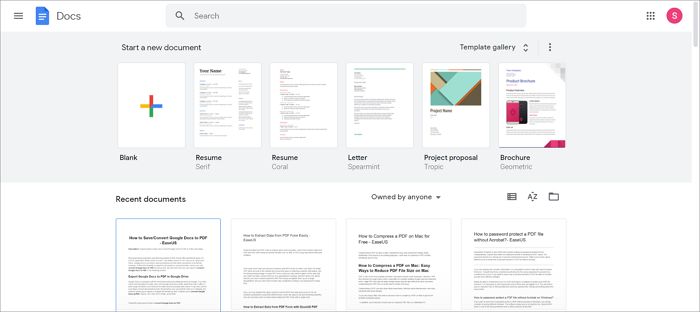 Google Docs main interface