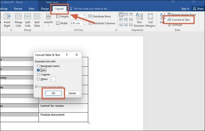 steps to convert text to table in ms word