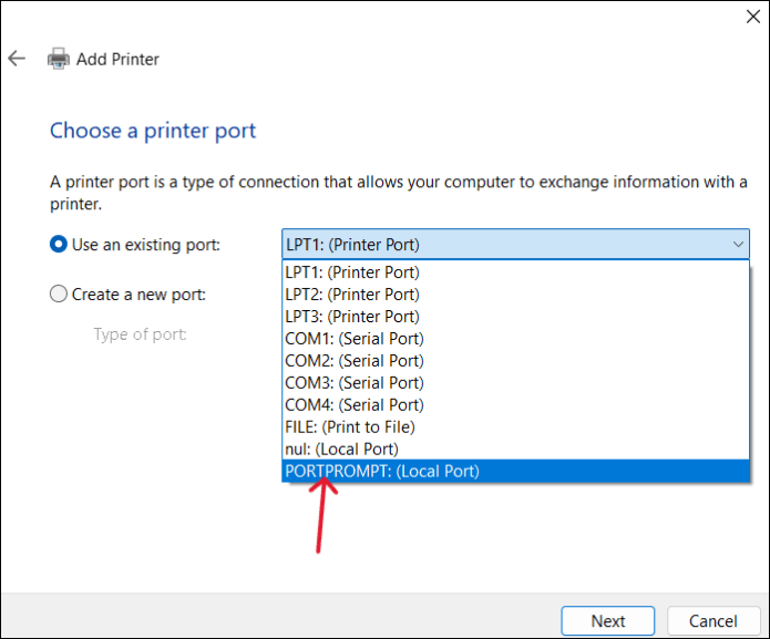 select PORTPROMPT: (Local Port)