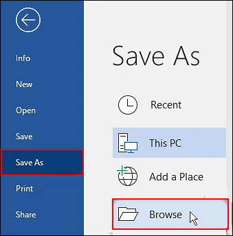 ms word click file save as browse