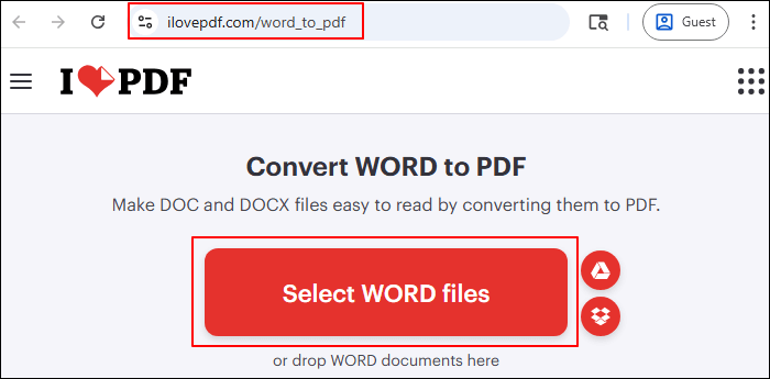 open ilovepdf select word files to upload