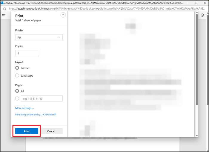 Step 3 to Print a PDF File in Outlook