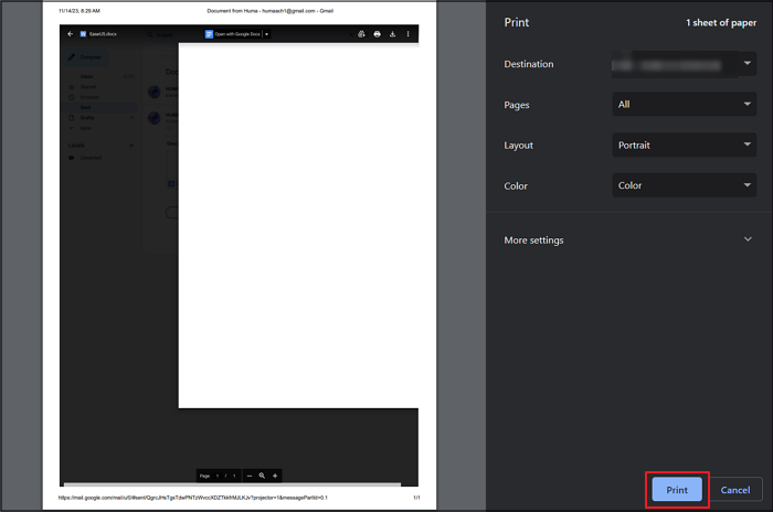 Step 3 to Print Email Attachment with Chrome