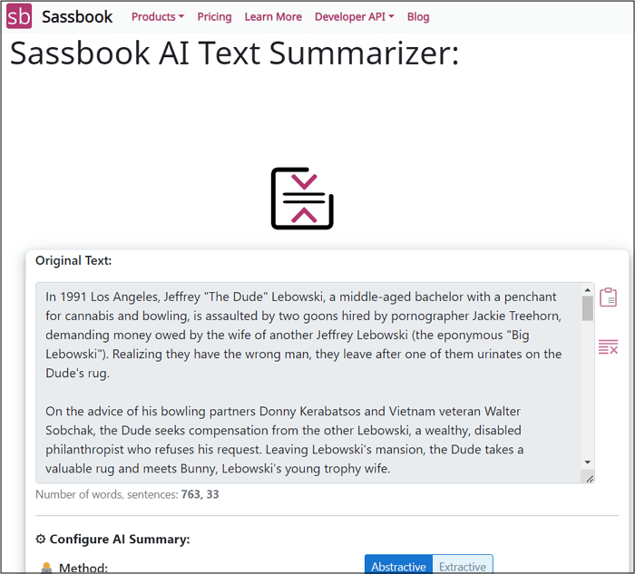 Sassbook AI Text Summarizer