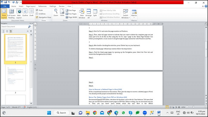 how to delete full pages in word