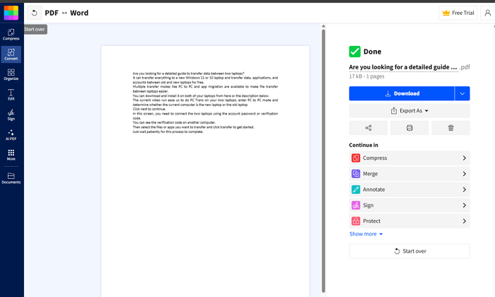 Word to PDF conversion in smallpdf